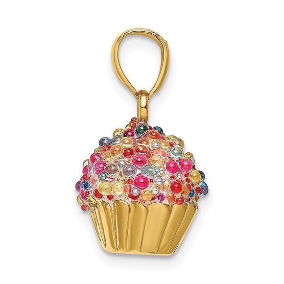 14k Yellow Gold 3D Bead Icing Cupcake Pendant - Picture 2 of 6